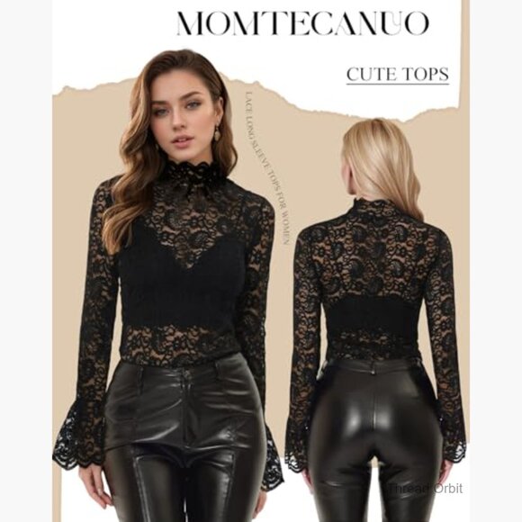 Long Sleeve Lace Mesh Top High Neck Sheer Blouse Floral Going Out - Picture 6 of 7